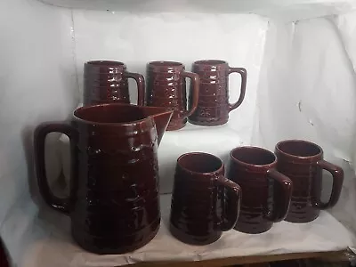 Vintage Brown Marcrest Stoneware Pitcher 8in& 6 Mugs 4  Daisy & Dot ~ Oven Proof • $40