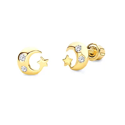 Wellingsale 14K Yellow Gold Moon And Star Stud Earrings • $49