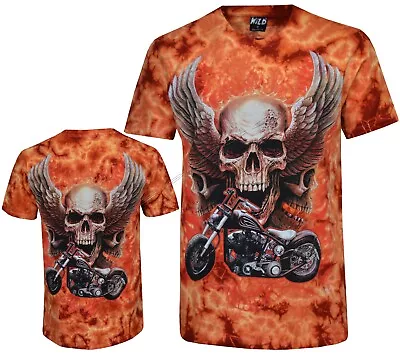 £15.95 • Buy Tie Dye T-shirt 3 Skulls Over Motorcycle Angel Wings Biker Glow In Dark By Wild