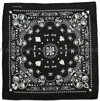 Bandana Head Wrap Cover Black White Paisley Skull Cross Bones Ace Spade POKER • $4.95