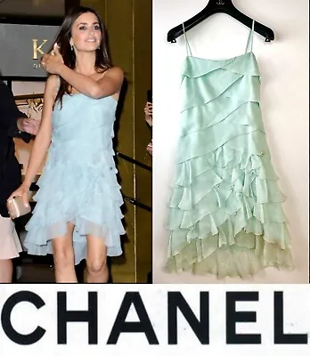 Chanel 2018 Barbie Blue Green Evening Party Dress 34 36 2 4 Silk Ruffle Logo S • £1086.65