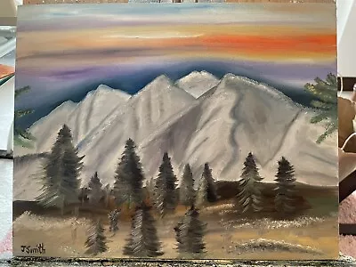 Original Oil Painting Artwork Signed Canvas Snow Covered Mountains At Sunset • $35.99