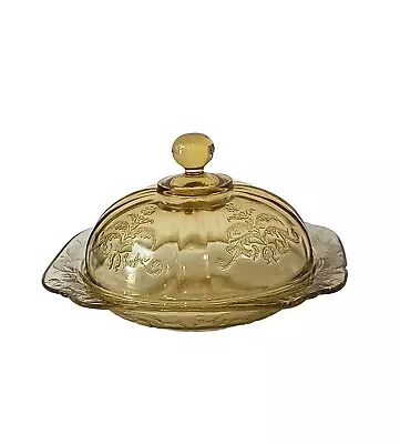 Federal Madrid Covered Butter Cheese Dish Yellow Amber Depression Glass W/ Lid • $14.99