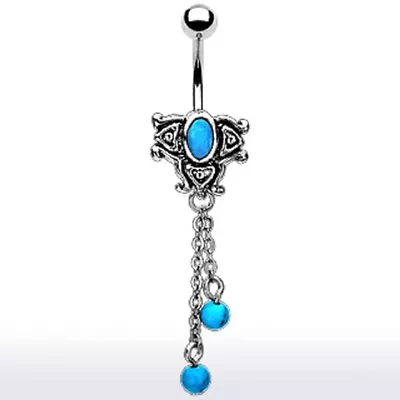 316L Surgical Steel Vintage Style Turquoise Dangle W/Chain Navel Belly Ring  • $9.99