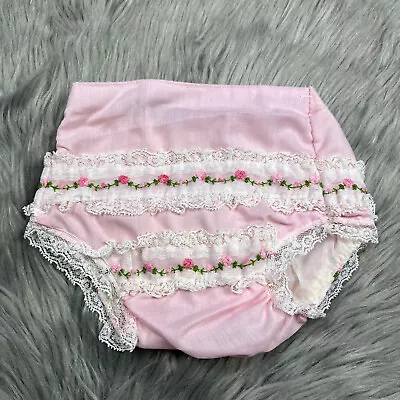 Vintage Baby Girls Plastic Lined Pink Lace Ruffle Floral Bloomers • $25