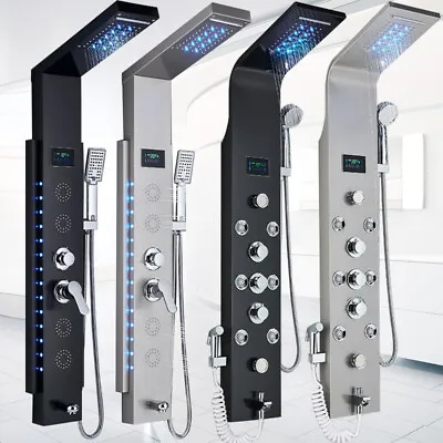 LED Shower Panel Column Tower Stainless Steel Black Waterfall Body Jet Mixer Tap • £90