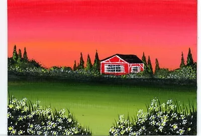 ACEO Original Acrylic Sunset Little  Red Cottage Garden Meadow Painting HYMES • $0.99