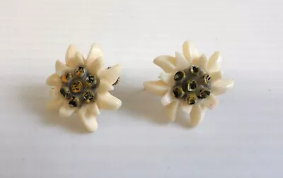 Pair Of Vintage Earrings Gold Tone Metal Screw Fastenings Showing Edelweiss. • £8