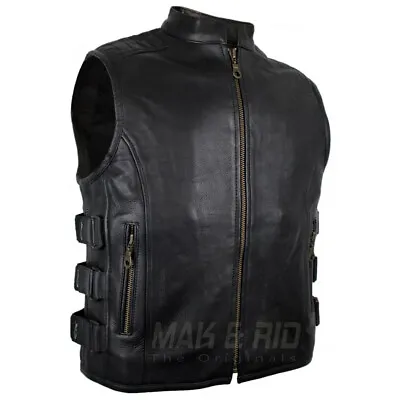 Mens Genuine Cow Leather Biker SWAT Bulletproof Style Motorcycle Waistcoat Vest • $89.99