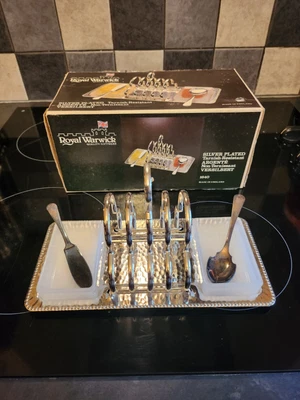 £19.99 • Buy Silver Plated Toast Rack With Milk Glass Butter , Jam Dish, Knife.