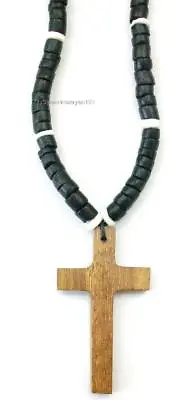 Man's Black Beaded Necklace Wooden Cross Surfer  Adjustable Length 18 -20  • $8.99