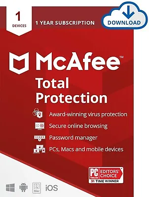 1 Year McAfee Total Protection For 1 Device • $9.99