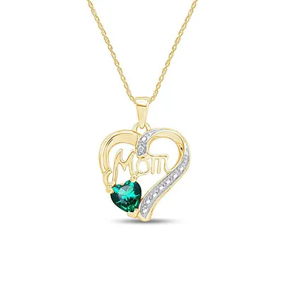 MOM Heart Pendant Necklace Sterling Silver Simulated Emerald & Cubic Zirconia • $134.93