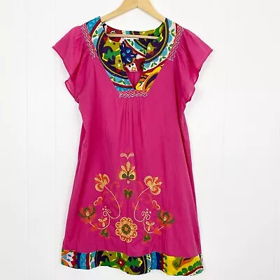 Pura Vida Dress Size 12 Embroidered Split Neck Lightweight Gauze Cotton Mexican • $18.04