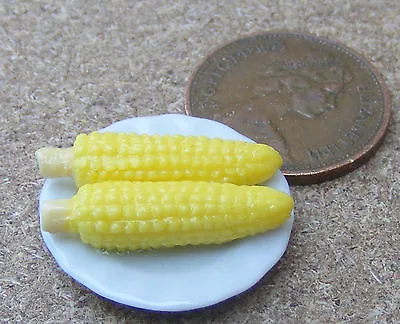 1:12 Scale 2 Cooked Sweet Corn On A 2.2cm Ceramic Plate Tumdee Dolls House BBQ • $5.28