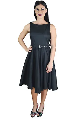 Solid Simple Black Satin Sleeveless Flare Swing Party Dress - Little Black Dress • $49.95