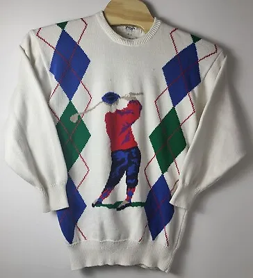 Vintage Pringle  Scotland Cotton White Argyle Graphic Knit Golf Sweater  Large  • $12.99