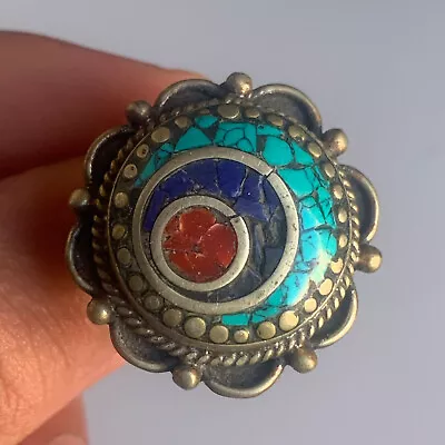 Ancient Victorian Silver Ring Amazing Vintage Gypsy Sun Natural Turquoise Stones • $0.99