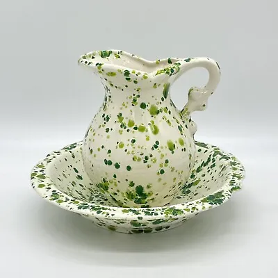 Vintage Speckled Ceramic Pitcher And Bowl Wash Basin Set Green White Splatter • $16