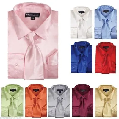 Men's Fashion Shiny Satin Dress Shirt With Tie And Handkerchief 10 Colors SG08 • $18.99