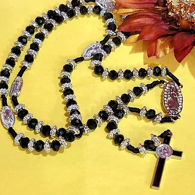 Virgen De Guadalupe Rosario Necklace Crystal Beads  10mm 2 Sided Black & Silver  • $35