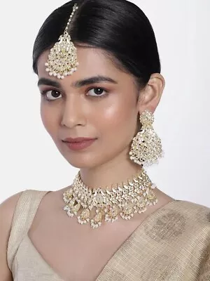 Indian Bridal Wedding Silver White And Gold Kundan Choker Necklace Jewelry Set • $35