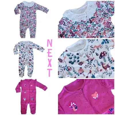 Ex NXT Baby Girl 3/2/ 1 Pack Floral Woodland Animals  Pink Sleepsuits NB - 24 Mt • £8.99