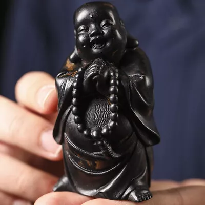Wooden Laughing Buddha Figurine For Wealth And Health - Mini Zen Garden Ornament • £13.45