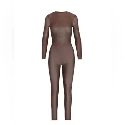 Skims Shimmer High Neck Catsuit Semi Sheer In Cocoa Long Sleeve New • £67.98