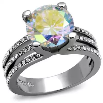 Aurora Borealis Ring Solitaire Accents Silver Stainless Steel Rainbow • £22.99