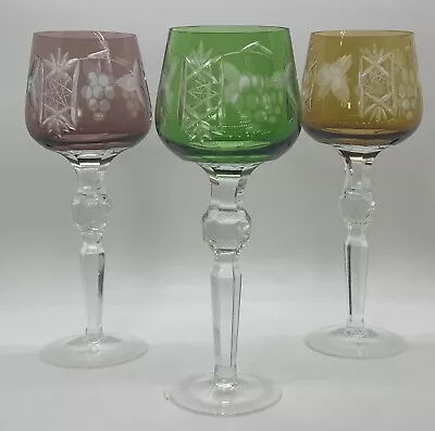 3 Vintage Hortensia Poland Bohemian Crystal Cut To Clear Hock Wine Glasses • $75