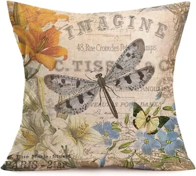 Vintage Linen Throw Pillow Cover 18x18 Inch Vintage DragonFly Imagine Botanical • $18.99