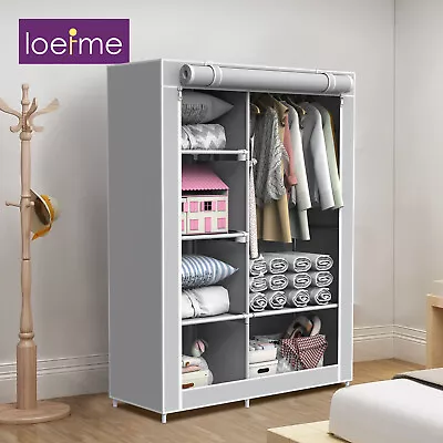 Portable Canvas Wardrobe With Hanging Rail Shelf Clothes Fabric Storage Cupboard • £22.99