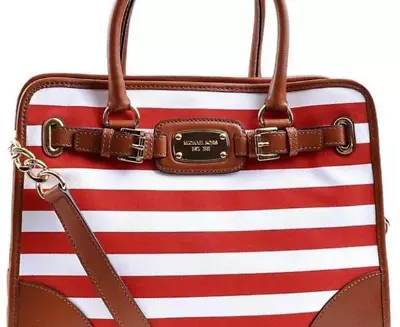 🌞michael Kors Hamilton Large Red White Stripe Brown Leather Tote Bag Purse🌺nwt • $185.99