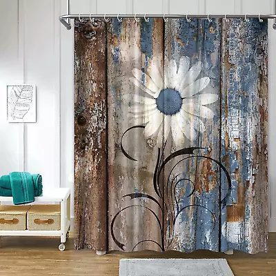 Verngo Rustic Daisy Shower Curtains Blue Brown Floral Farmhouse Shower Curtains • $25.52
