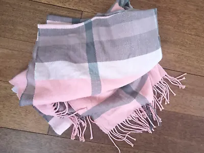 Ladies Marks And Spencer Indigo Scarf / Pashmine Pink Grey Fringe • £5