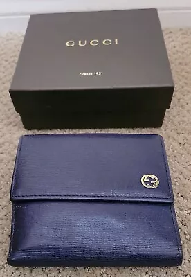 Auth Vintage Gucci Gg Logo Leather Compact Wallet Preowned Box Dark Blue • $245