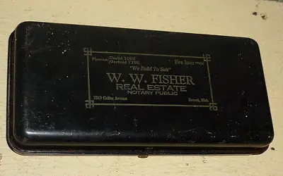 Vintage Metal Bank Box '  W. W. FISHER REAL ESTATE NOTARY PUBLIC '  Heavy Metal. • $14.27
