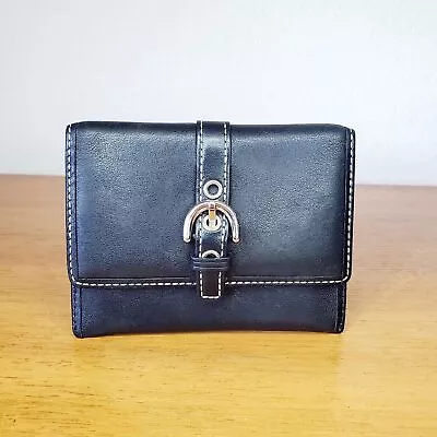 Coach Leather Card Holder Wallet Small 4  Black White Sticthing Buckle Clasp VTG • $35