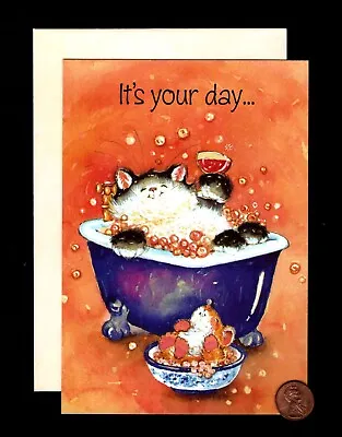 HTF Birthday Cat Tub Cocktail Mouse - CUTE INSIDE Margaret Sherry Greeting Card • £4.77