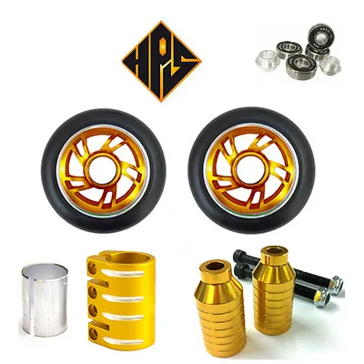 GOLD SET STUNT SCOOTER METAL CORE WHEELS 100mm ABEC 11 BEARING PEGS QUAD CLAMP  • £44.99