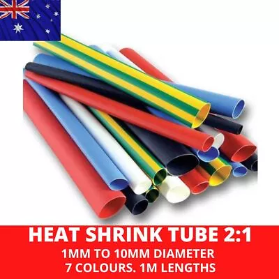 1 METRE Heat Shrink Tubing Wire Cable Sleeve 2 To 1 Ratio 1mm To 10mm 7 Colours • $4.29