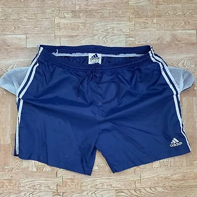 Vintage Adidas Soccer Shorts Large Glanz Satin Navy Blue White Stripes Rare 90s • $50