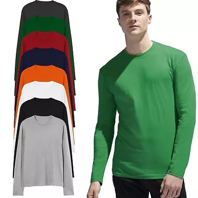 Mens Long Sleeve T-Shirt 100% Cotton Plain Crew Round Neck Casual Tee Tops S-3XL • £6.99