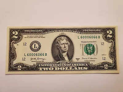 $2 Binary Note Fancy Serial Number Two Dollar Bill L60006066B Quad 6s & Quad 0s • $20