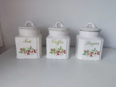 Bhs Ceramic Kitchen Canister Container Jar Tea Sugar Coffee Strawberry White • £46.99