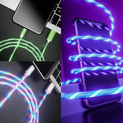 LED Flowing Light Up USB For IPhone Charger Type-C Data Cable Charging Cord Sync • £3.31