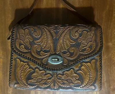 Vintage Hand Crafted Tooled Leather Purse Floral Mexican Crossbody With Strap  • $40