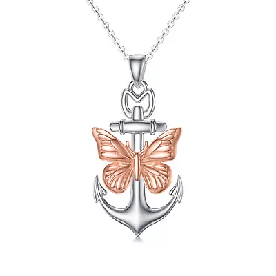 Anchor Butterfly Necklace In White Rose Gold Plated Sterling Silver  • $53.64