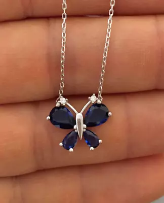 Lab Created Sapphire 2Ct Pear Cut Butterfly Women Necklace 14K White Gold Plated • $100.09